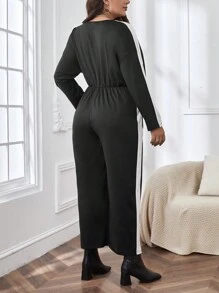 SHEIN Essnce Women's Plus Size Color Block Side Stripe Jumpsuit - Black and White - View 2