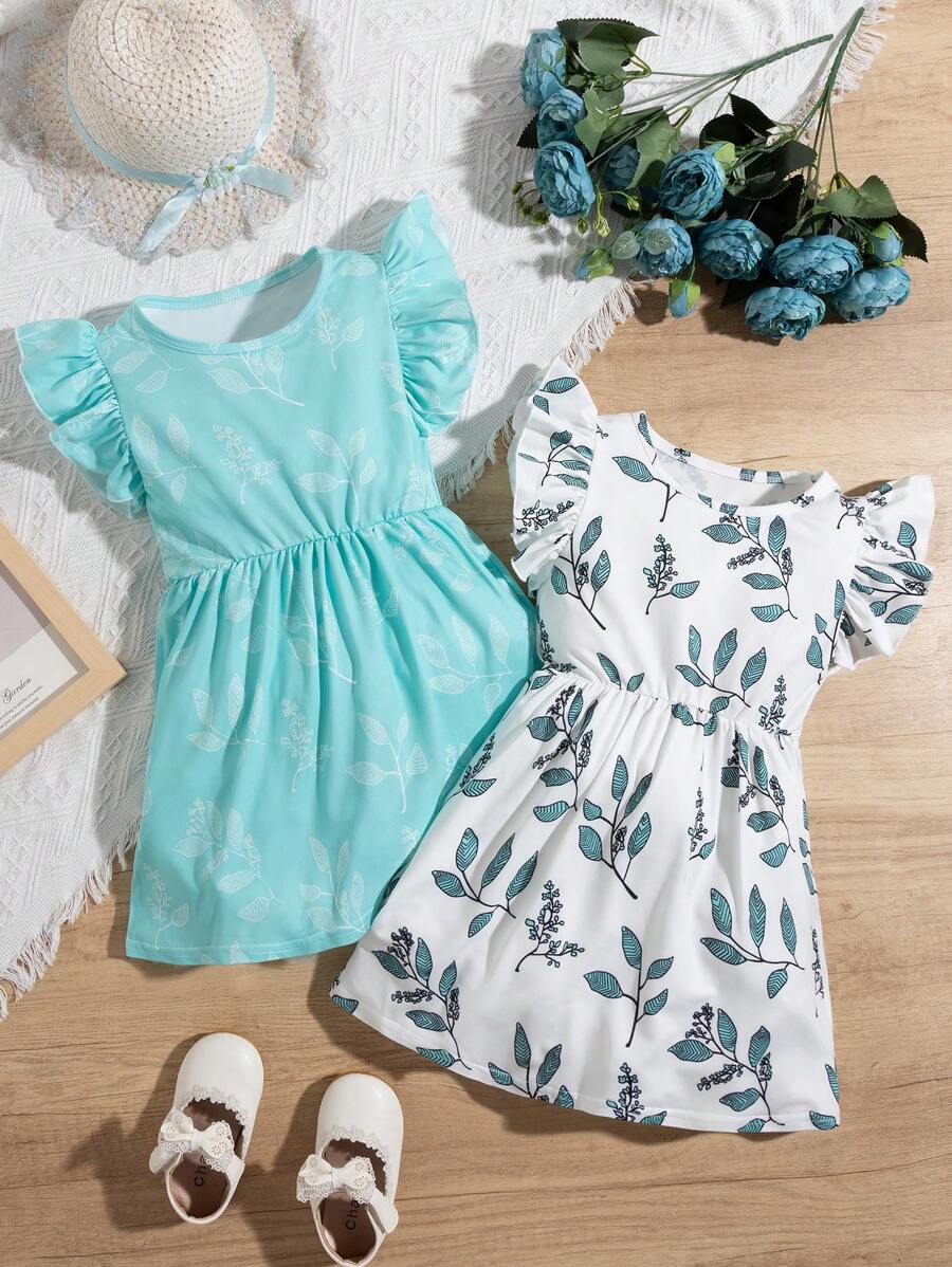 SHEIN Abito A Stampa A Foglia Con Orlo A Sbuffo Per Ragazza Giovane, 2 Pezzi - Multicolore - Visualizzare 1
