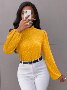 SHEIN Clasi Women's Heart Print Lantern Sleeve Shirt With Frill Collar - Yellow - View 5