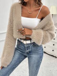 SHEIN LUNE Single Button Crop Fuzzy Cardigan Fall Cloth For Women - Apricot - View 6