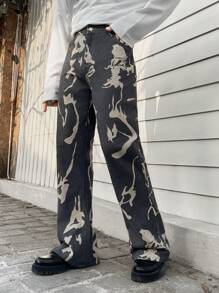 Manfinity Roghcode Men Graphic Print Straight Leg Jeans - Grey - View 1