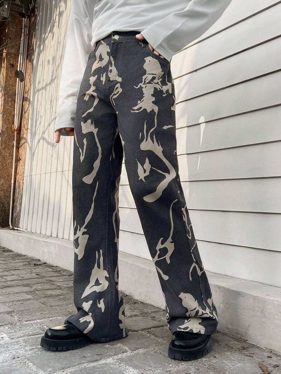Manfinity Roghcode Men Graphic Print Straight Leg Jeans - Grey - View 1