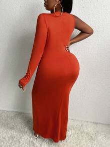 Slaydiva Hơn Một bờ vai Viền không đối xứng Váy bodycon - màu nâu - Xem 4