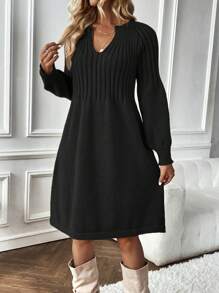 SHEIN LUNE Của phụ nữ Tay áo lồng đèn Đầm Với Chải Đường viền cổ chữ V - màu đen - Xem 4