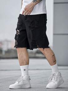 Manfinity EMRG Men Cotton Ripped Raw Hem Denim Shorts Plain Denim Jorts Vacation Baggy Black Denim Shorts, For Husband, Boyfriend Gifts