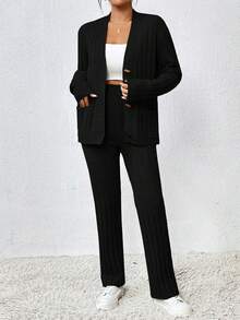 Chiquease Ribbed Textured Button Front Cardigan Sweater Set - Black - View 5