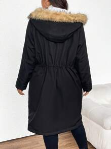 SHEIN Frenchy 大码连帽夹棉大衣，采用收腰设计和流苏边缘 - 黑色 - 查看 2