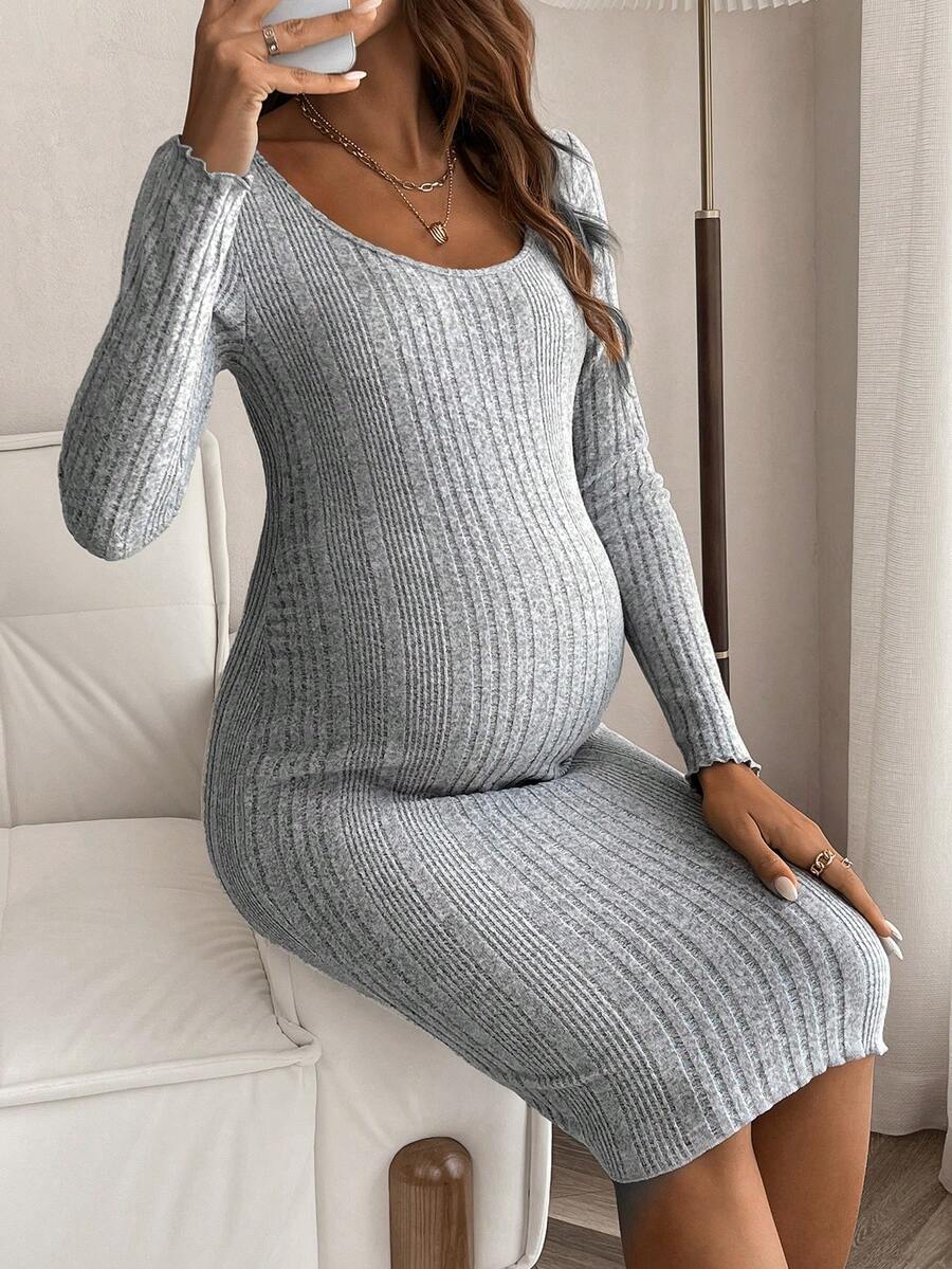 SHEIN Thai sản Scoop Cổ Đồ đan Ribbed Váy bodycon - Xám - Xem 1
