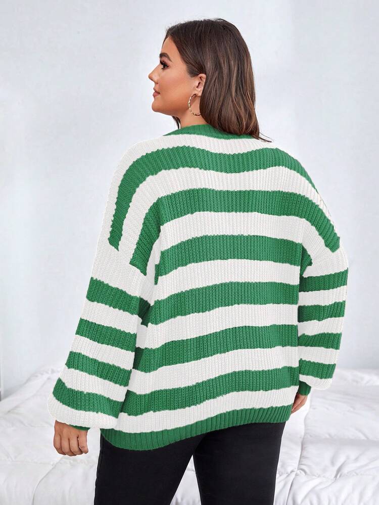 Plus Striped Pattern Drop Shoulder Sweater Knit Pullover Fall Winter Sweater