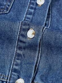 SHEIN MOD Women'S Button-Down Denim Top With Flap Pockets And Frayed Edge - Medium Wash - View 3