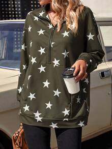 SHEIN LUNE Star Print Half Zip Drop Shoulder Sweatshirt - Multicolor - View 5