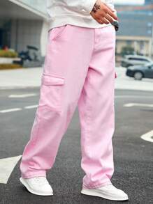 Manfinity Homme 男士宽松纯色牛仔裤，带口袋，纯色长款水洗宽松工装浅粉色工装牛仔裤，适合丈夫、男朋友的礼物 - 淺粉色 - 查看 6