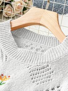 Calvaya Áo len cỡ lớn thêu hoa khoét lỗ, áo chui đầu dệt kim, áo len mùa thu đông. - Màu Xám nhạt - Xem 5