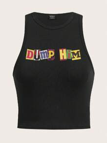 SHEIN EZwear 女性休閒無袖彈性背心，印有字母圖案“DUMP HIM” - 黑色 - 查看 1