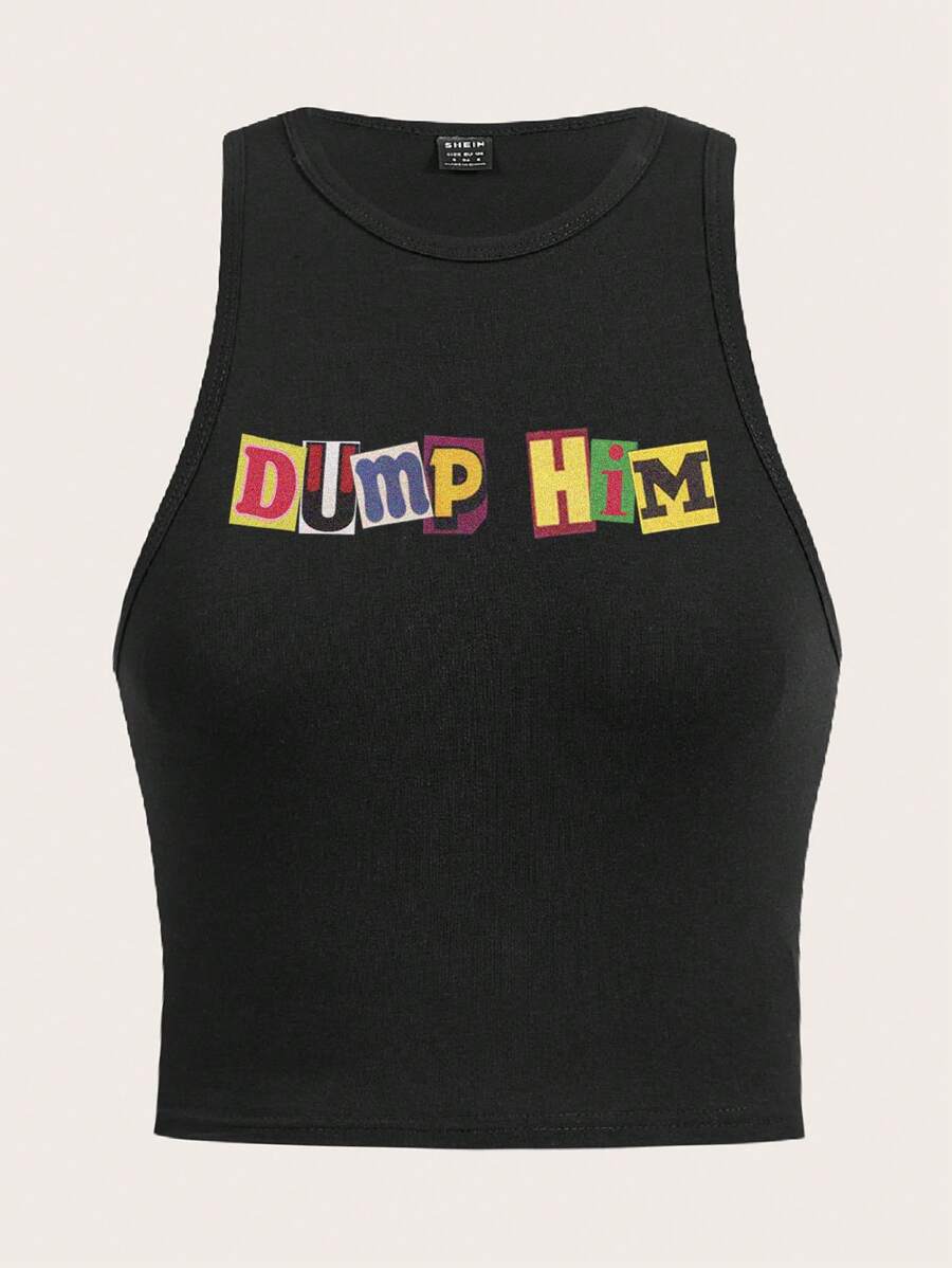 SHEIN EZwear 女性休閒無袖彈性背心，印有字母圖案“DUMP HIM” - 黑色 - 查看 1