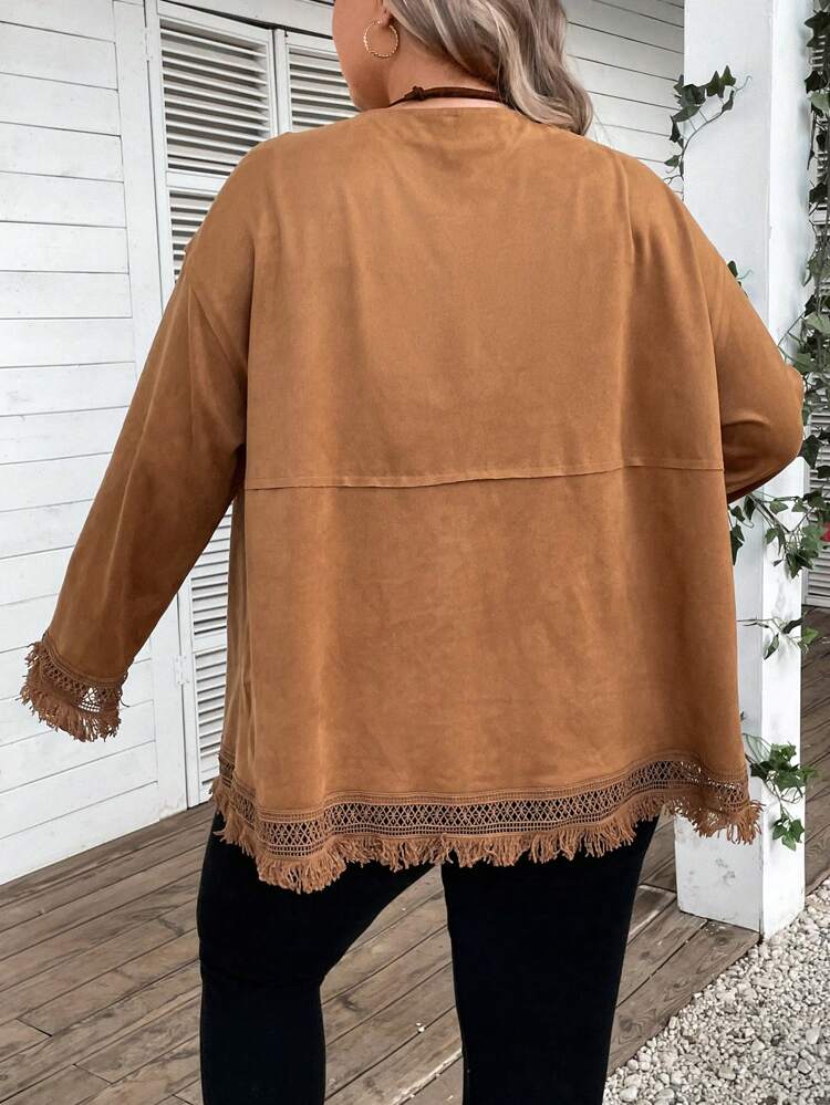 レディース プラスサイズ フリンジエッジ ドロップショルダー スリーブジャケット