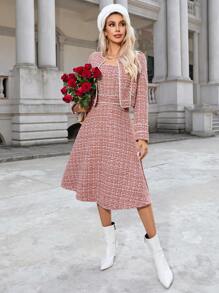 SHEIN Privé 女式長袖格子外套和連身裙套裝 - 紅色 - 查看 3