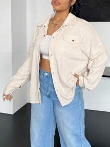 SHEIN EZwear 大尺碼女裝翻領落肩大衣 - 杏色 - 查看 3