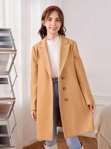 SHEIN Teen Girl Lapel Collar Slant Pocket Overcoat