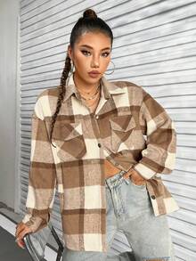 SHEIN Unity Plaid Print Drop Shoulder Coat - Khaki - View 4