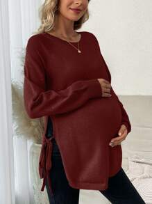 SHEIN 孕婦側扣斜肩毛衣 - 酒紅色 - 查看 5