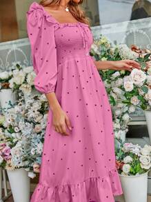 SHEIN Frenchy Heart Print Square Neck Ruffle Hem Dress - Mauve Purple - View 5