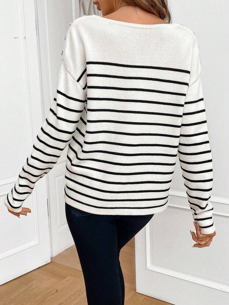 Women's Stripe Notch Neck Sweater Winter Casual