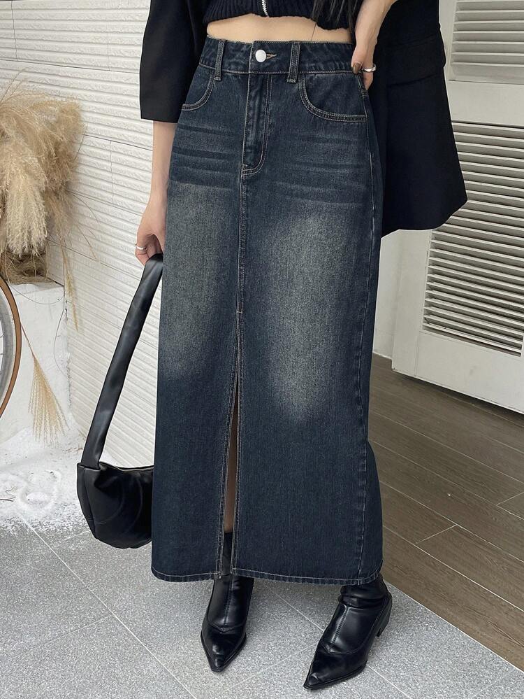 Women's Regular Waist Loose Straight Long Skirt With Slit, Casual Denim Midi Skirt