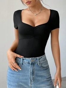 SHEIN EZwear Women's Sweetheart Collar Ruched Short Sleeve Bodysuit - Black - View 3