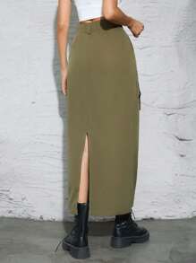 SHEIN Essnce 女士純色拼接口袋後分裂中長款裙子 - 軍綠色 - 查看 2