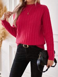 SHEIN Privé Solid Color Waffle Knit Sweater - Hot Pink - View 5