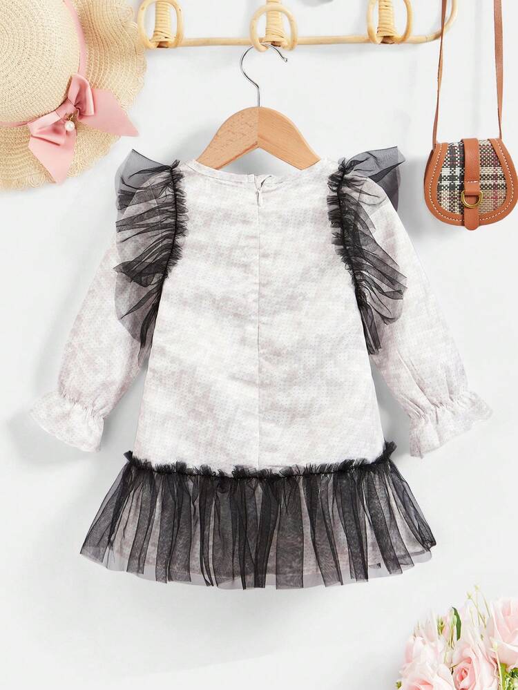 Infant Girls' Autumn/winter Star Printed Mesh Dress With Ruffle Hem Detail