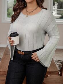 Calvaya Plus Drop Shoulder Sweater Knit Pullover Fall Winter Sweater - Grey - View 6