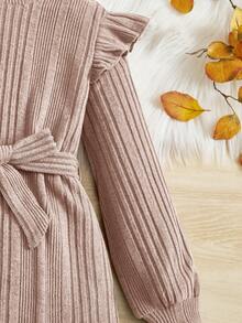 SHEIN 少女高領荷葉邊裝飾連帶腰帶裙 - 淺粉色 - 查看 4