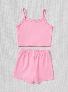 SHEIN 青少女針織字母印花背心和針織純色短褲貼身家居服套裝 - 粉色 - 查看 2
