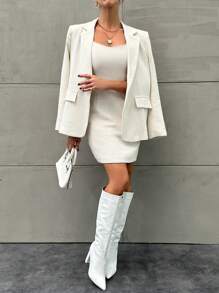 EURMUSE Turn-down Collar Suit Jacket And Dress Two Piece Set - White - View 4