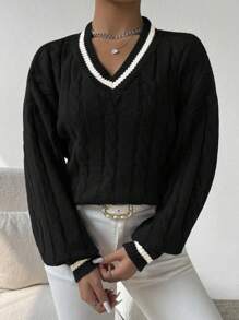 Chiquease Lantern Sleeves Striped Cable Knit Sweater,Long Sleeve Tops
