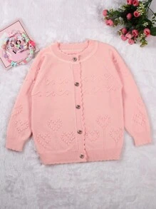 Baby Girl Heart Pointelle Knit Raglan Sleeve Cardigan - Coral Pink - View 1