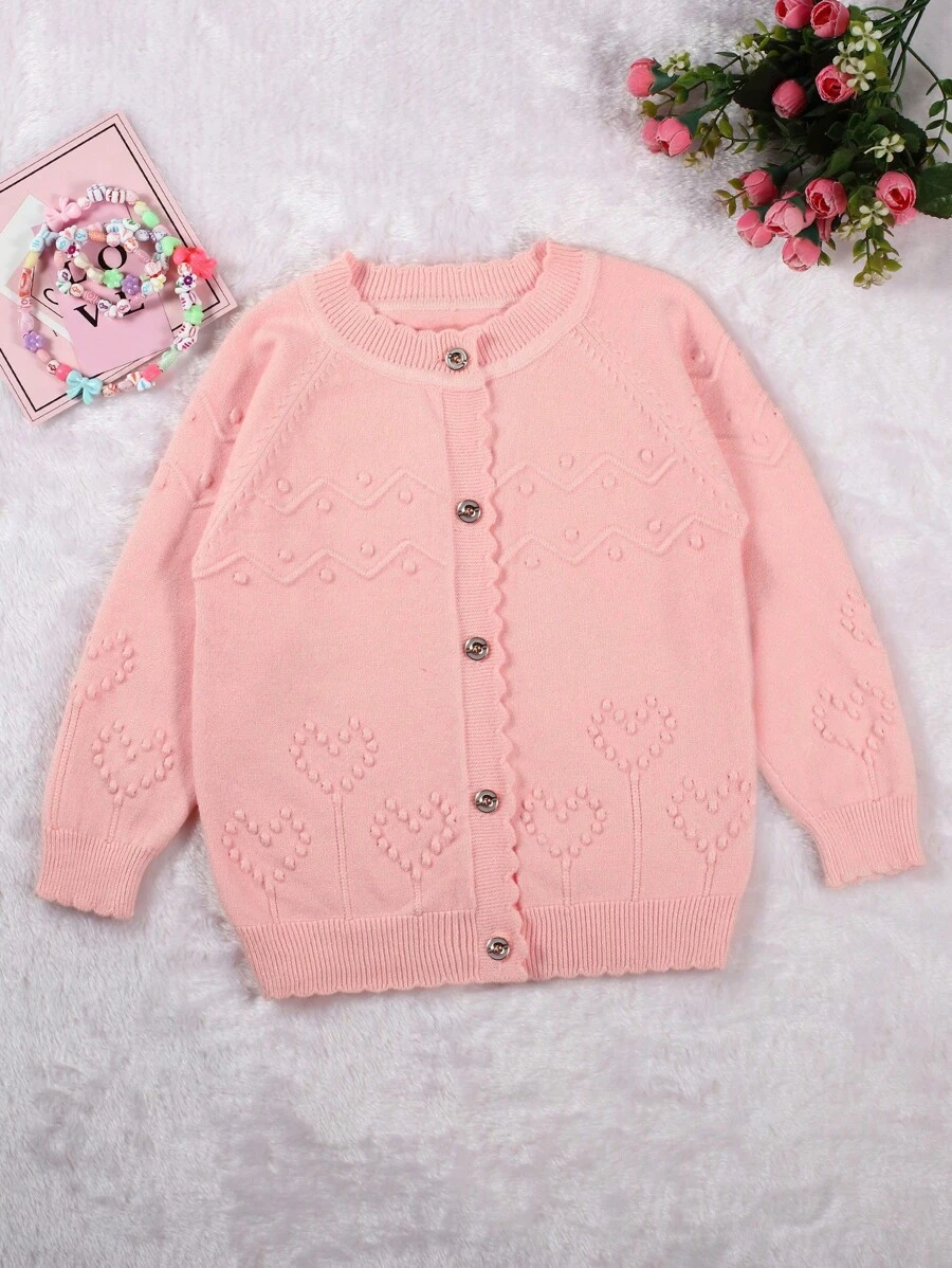 Baby Girl Heart Pointelle Knit Raglan Sleeve Cardigan - Coral Pink - View 1