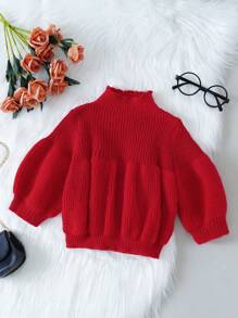 Baby Girl Mock Neck Lantern Sleeve Sweater - Red - View 1