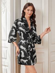 女式豹紋印花束帶長袍 - 黑色 - 查看 5