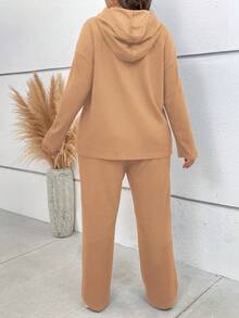 SHEIN Franclia Plus Drop Shoulder Drawstring Hoodie & Pants - Apricot - View 2