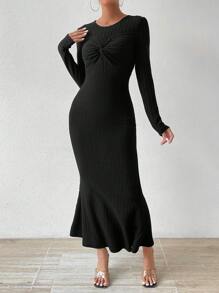 SHEIN Essnce 前扭結修身緊身連衣裙 - 黑色 - 查看 6