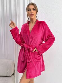 روب نسائي بحزام بلون سادة - روز أحمر - مشاهدة 6