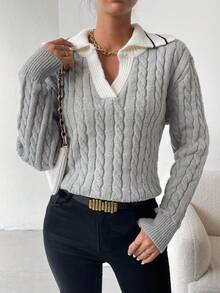 Chiquease Contrast Trim Cable Knit Sweater - Grey - View 4