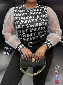 Maweii 加大字母图案撞色网眼灯笼袖 T 恤图案 T 恤女式上衣 - 黑色 - 查看 1