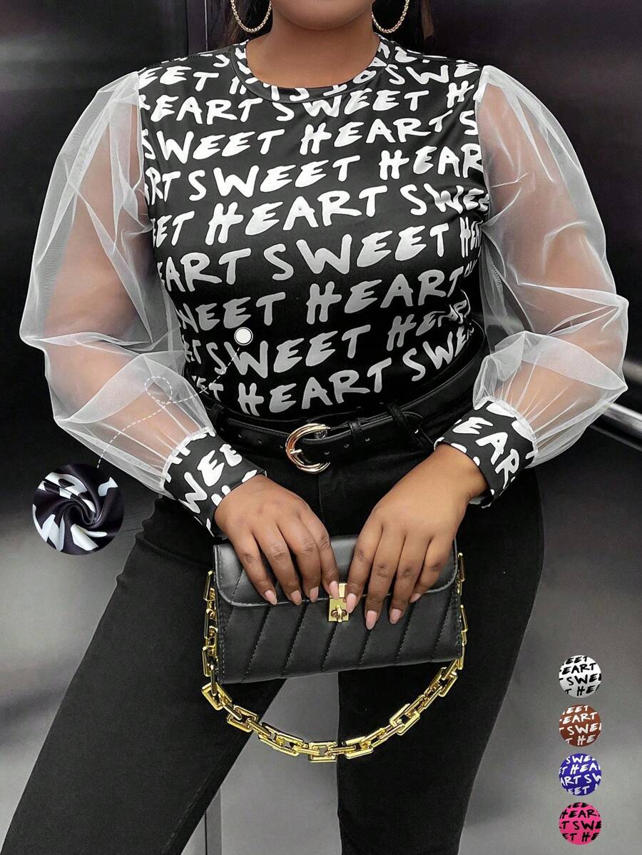 Maweii 加大字母图案撞色网眼灯笼袖 T 恤图案 T 恤女式上衣 - 黑色 - 查看 1