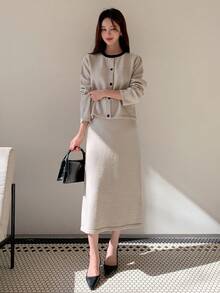 Dazy Star Contrast Trim Cardigan & Knit Skirt - Light Grey - View 3