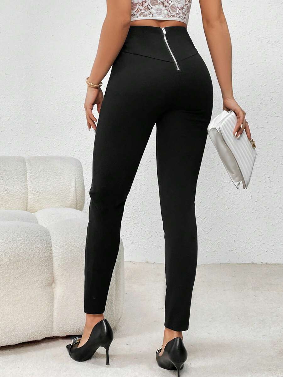 SHEIN Privé Women's Back Zipper Slim Fit Long Pants - Black - View 1