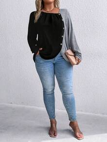 Plus Size Colorblock Button Placket Long Sleeve T-shirt - Black - View 4
